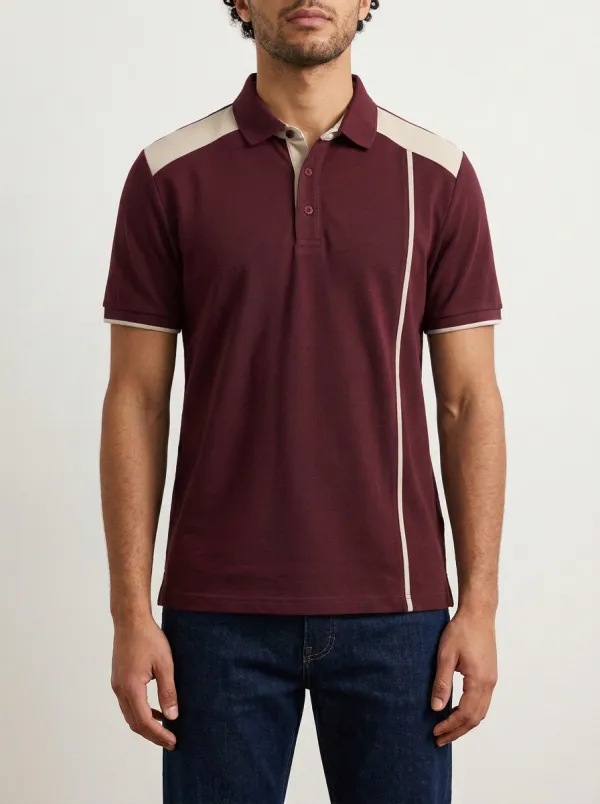 Men's Knit Ribbed Textured Colorblock Contrast-Piping Contrast-Trim Running Graphic Polo Shirt