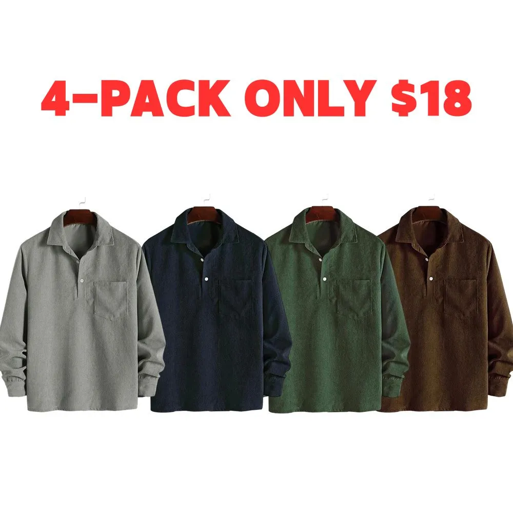 Men's Plain Pocket Half Button Corduroy Shirt, Casual Comfy Regular Fit Long Sleeve Collared Top For Fall & Winter, Men's Clothes For Daily Wear