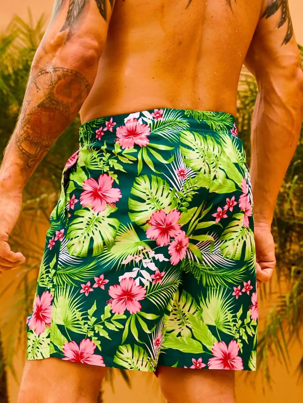 Men's Drawstring Tropical Print Pocket Swim Trunks