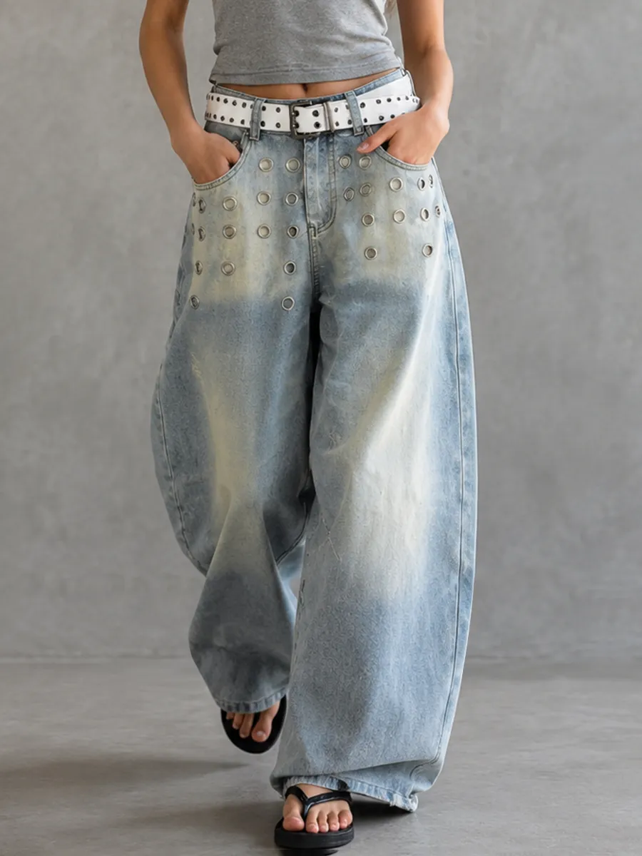 Minimal High Waist Wide Leg Seamed Cutout Detail Buckle Detail Pocket Jeans