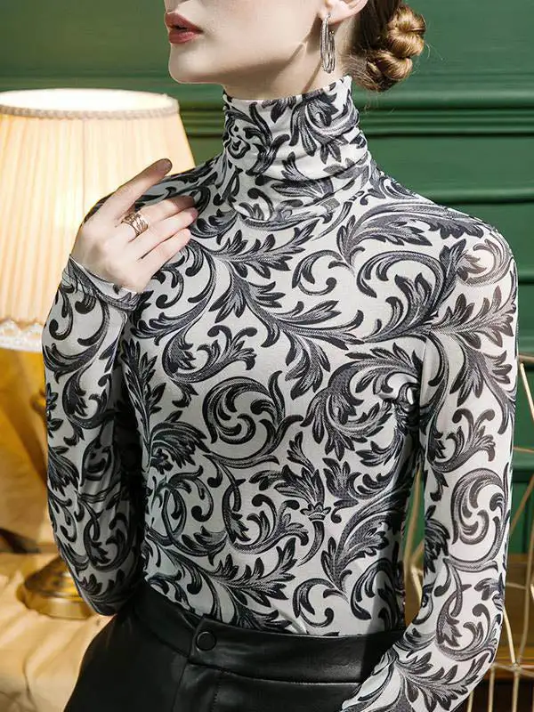 Long Sleeve Slim Fit Contrast Panel Detail High Neck Polyester T-Shirt