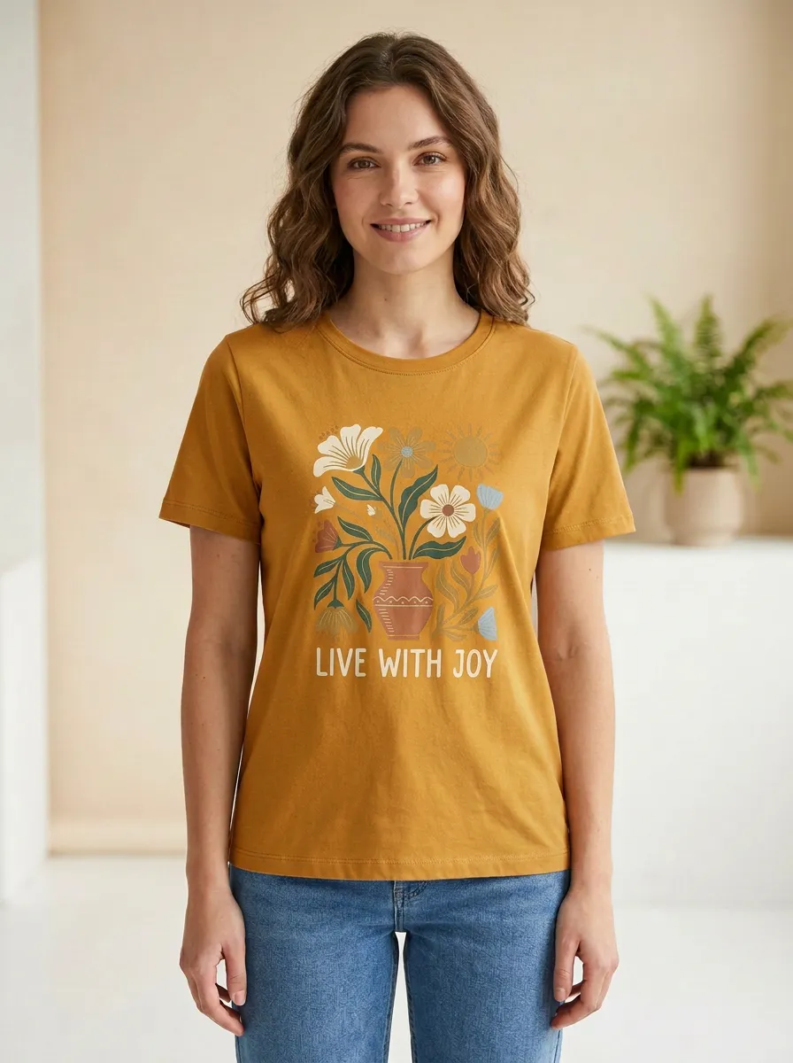 Women's Live With Joy Floral Vase Boho Print T-Shirt