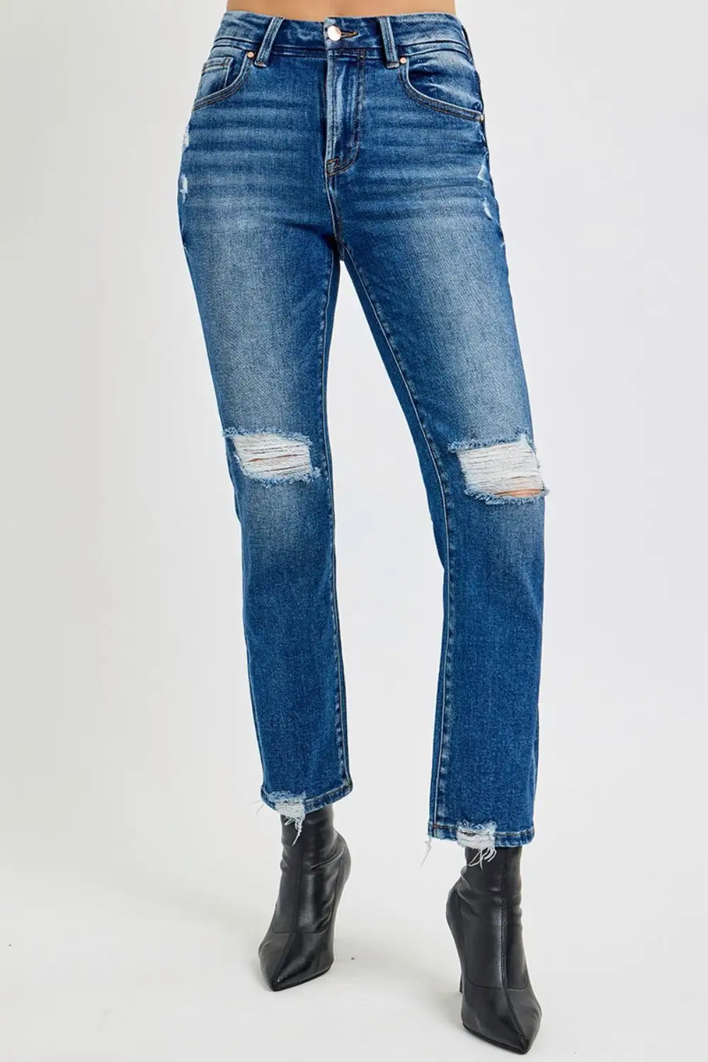 Easy High Waist Straight Leg Distressed Denim Jeans