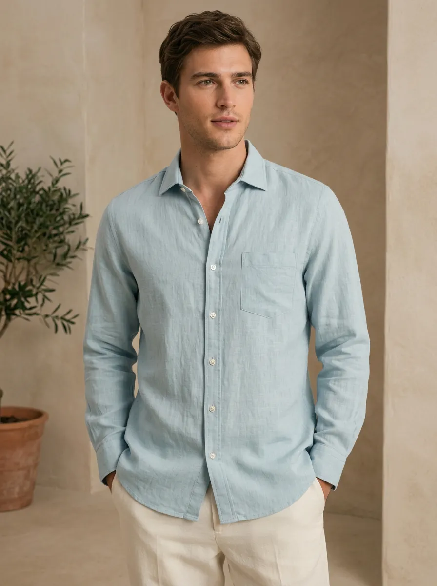 Men's Minimalist Light Blue Linen Long Sleeve Button-Down Shirt