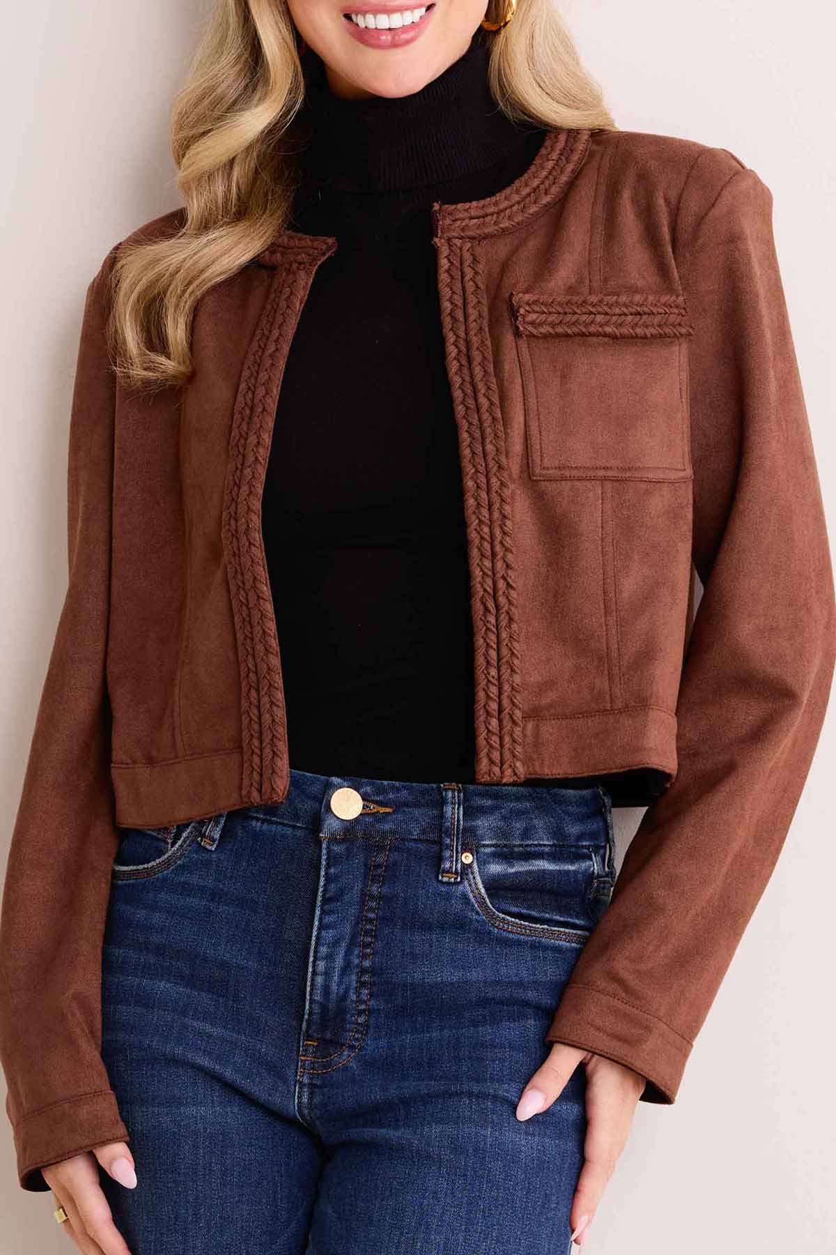 Brown Braided Detail Cropped Jacket - BUSIEOT