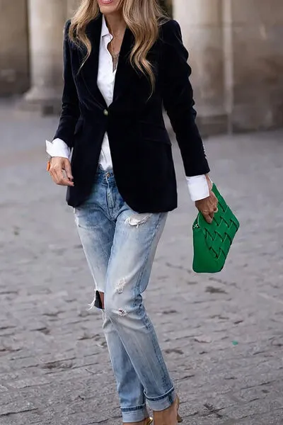 Refined Single-Button Lapel-Collar Long-Sleeve Blazer