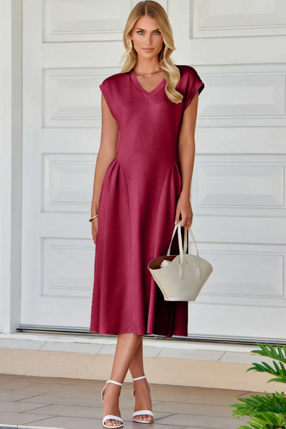 V Neck Pleated Flared Midi Dress
