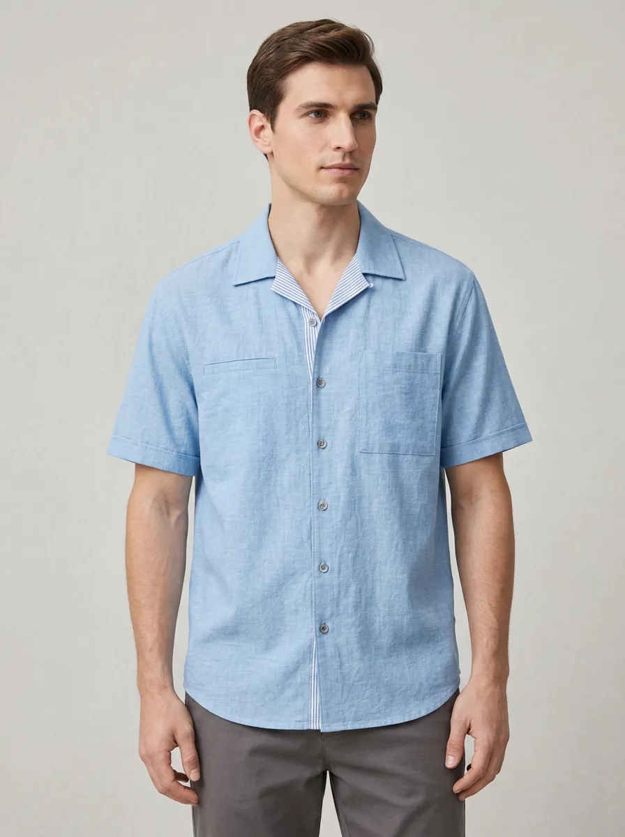Men's Casual Summer Breathable Striped Trim Button Down Shirt