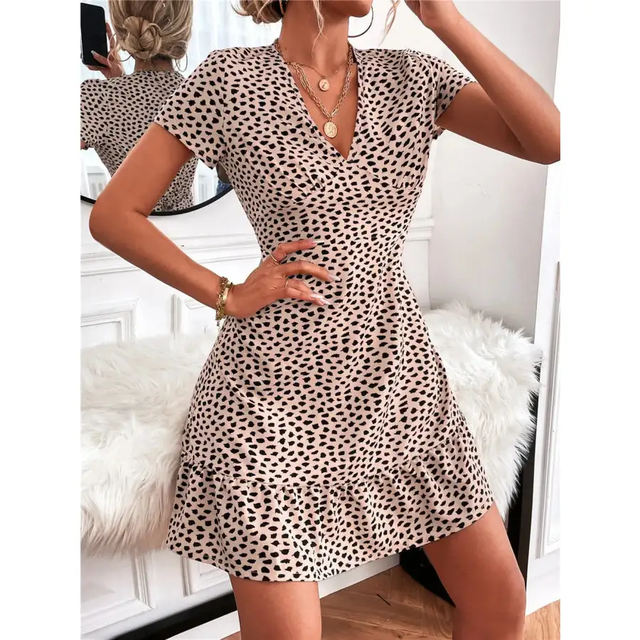 Ruffled Hem V-Neck Short Sleeve Mini Dress