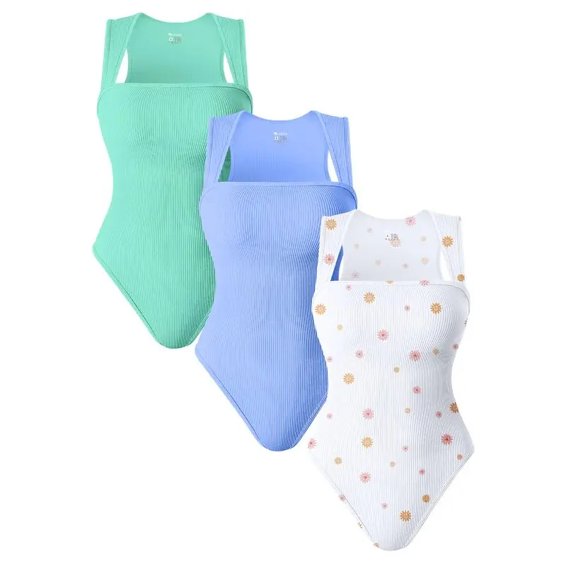 Womenswear 3 Piece Bodysuits Stretchy Underwear Sexy Ribbed Square Neck Sleeveless Stretchy Tank Tops Bodysuits Soft Lady