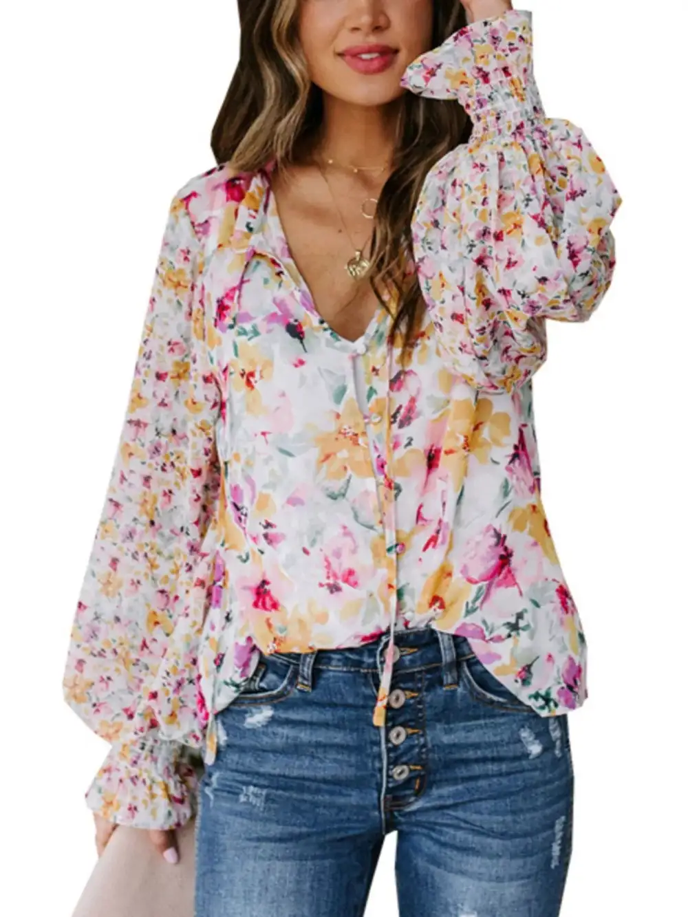 Floral Print Smocked Cuff Blouse Plus