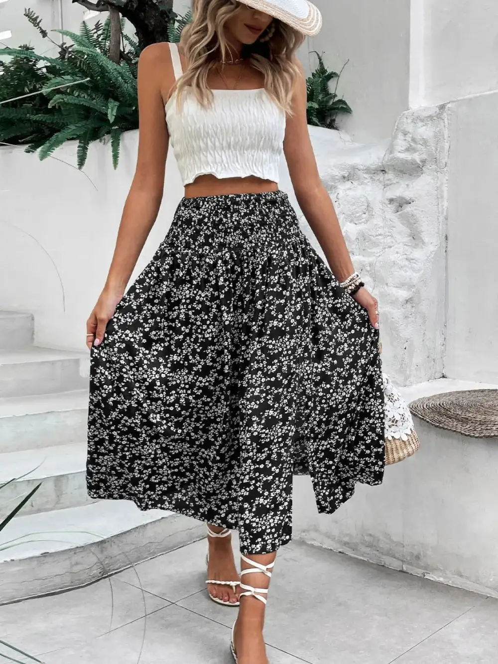 Relaxed Smocked Printed Skirt