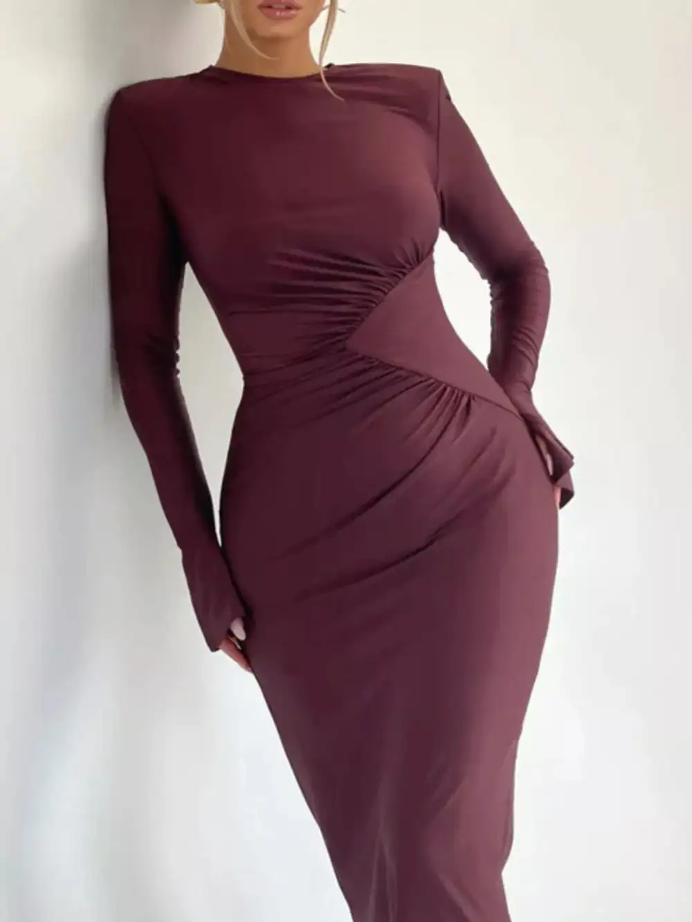 Lightweight Feel Ruched Long Sleeve Maxi Dress