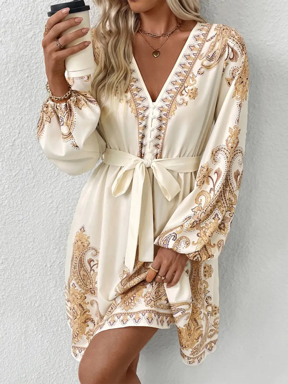 Lightweight Feel Printed Tie Waist Long Sleeve Dress