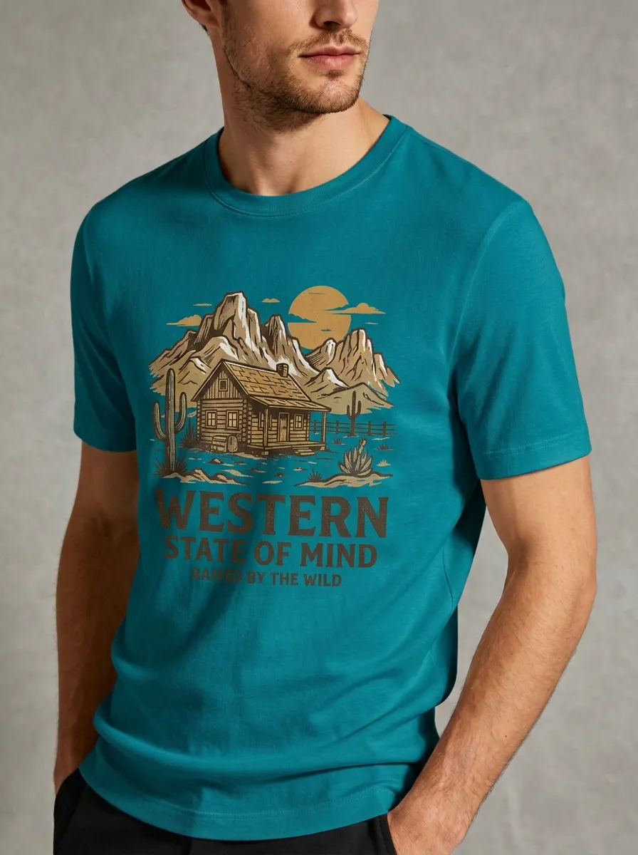 Men's Crewneck Outdoor Heritage Western Cabin Desert Landscape Graphic T-Shirt