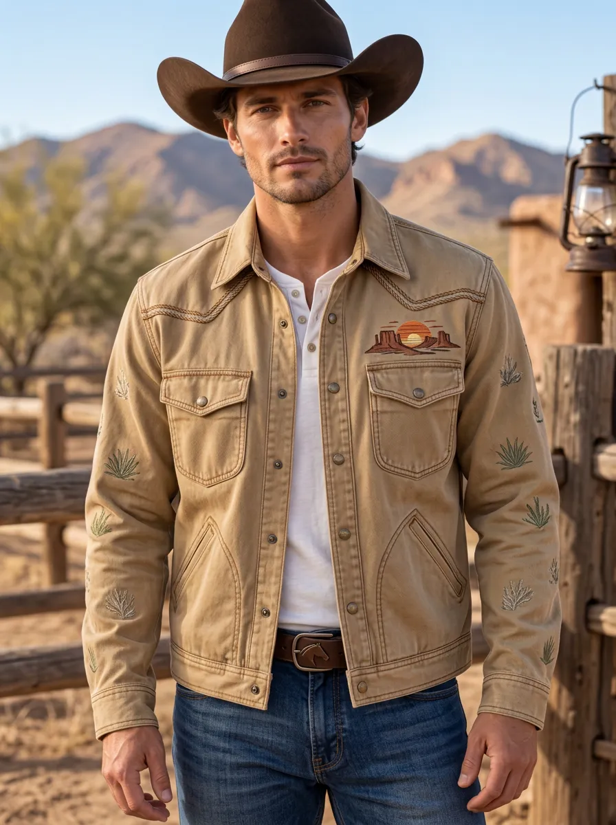 Men's Western Cowboy Cactus Desert Sunset Sun Jacket