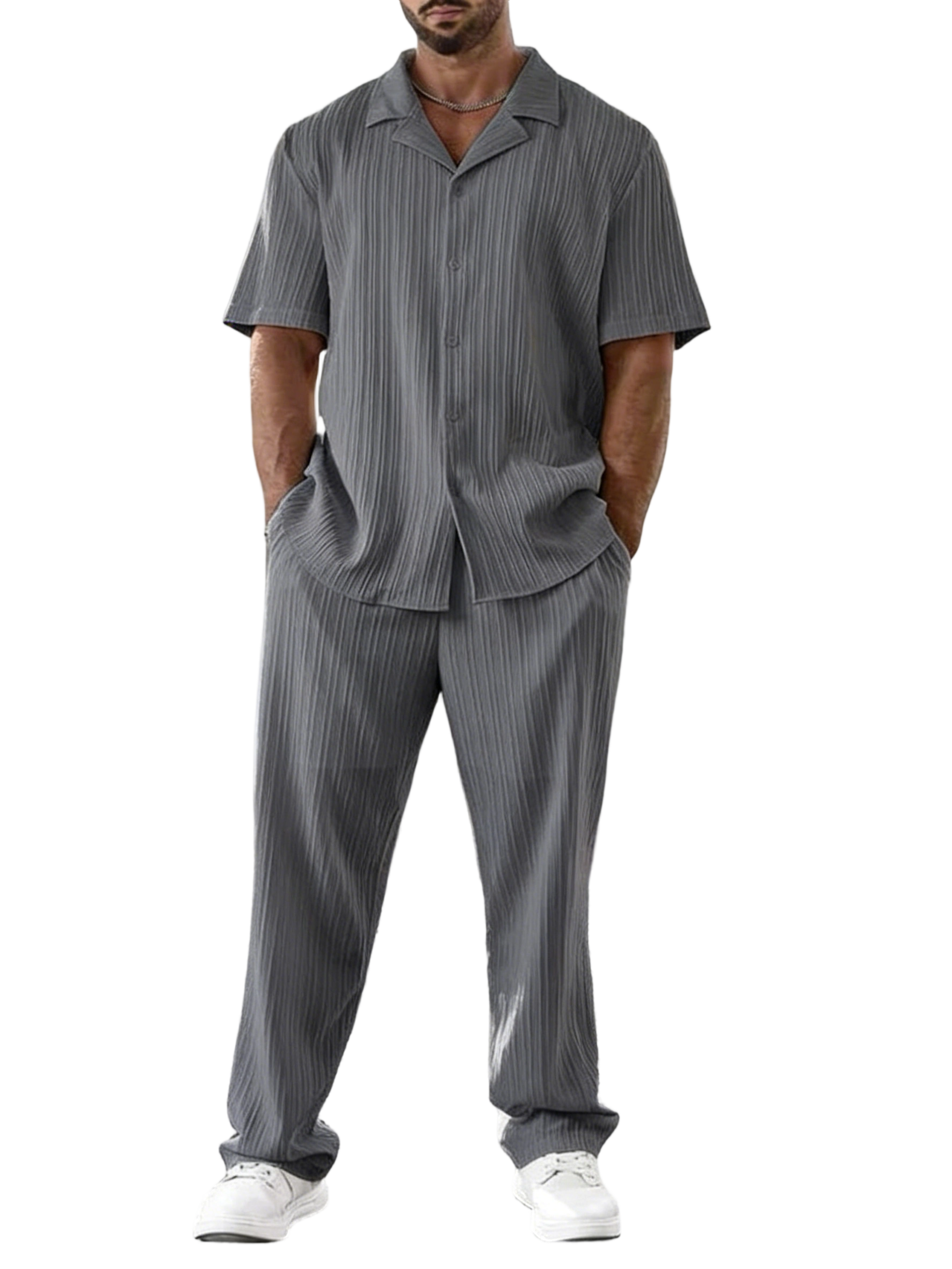 Men's Two-piece Suit Shirt and Elastic Waist Pants Set