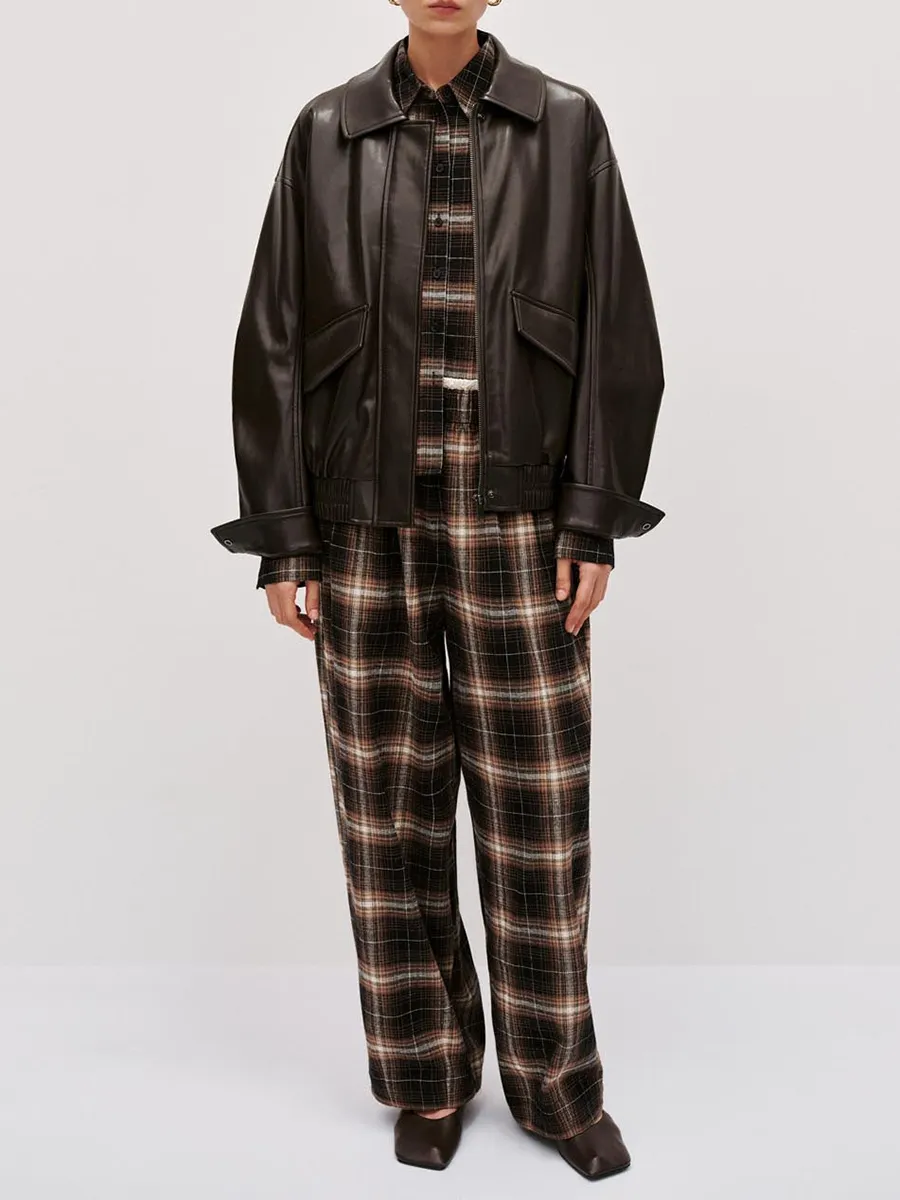 Lady's Dark Brown Square-Neck Retro-Style Leather Jacket