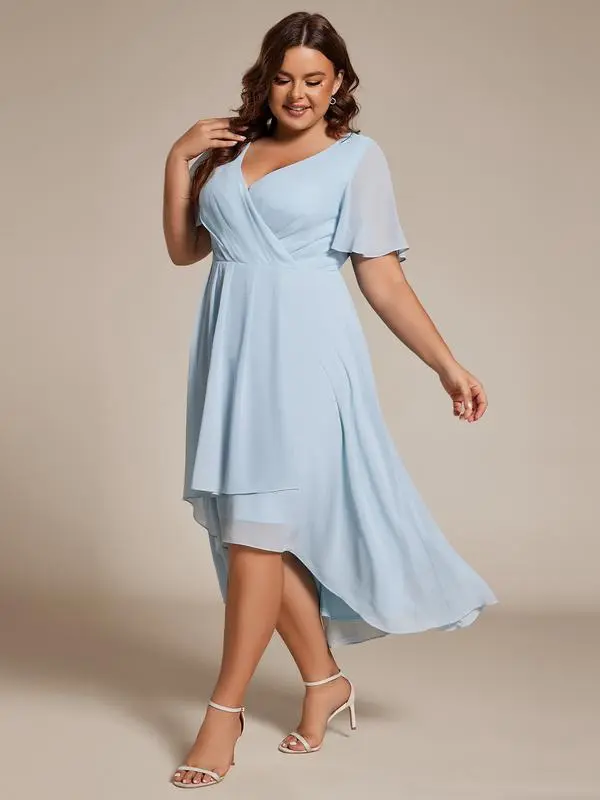 6PACK-Ruffles Sleeve Pleated V-Neck A-Line Midi Chiffon Wedding Guest Dress