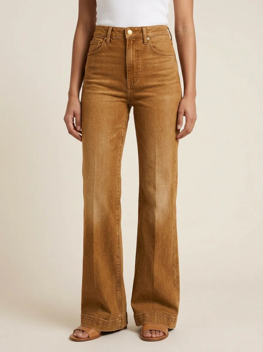 Women's High-Waisted Wide-Leg Denim Subtle Whiskering Fading Jeans