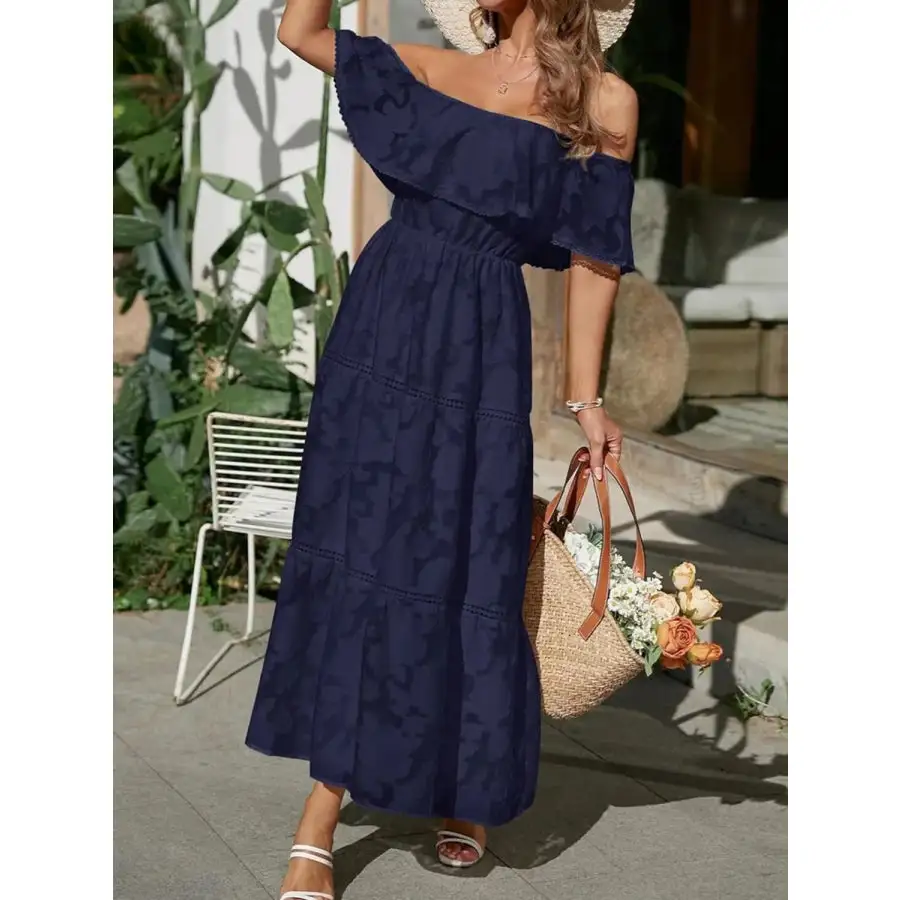 Ruched Off Shoulder Short Sleeve Midi Dress