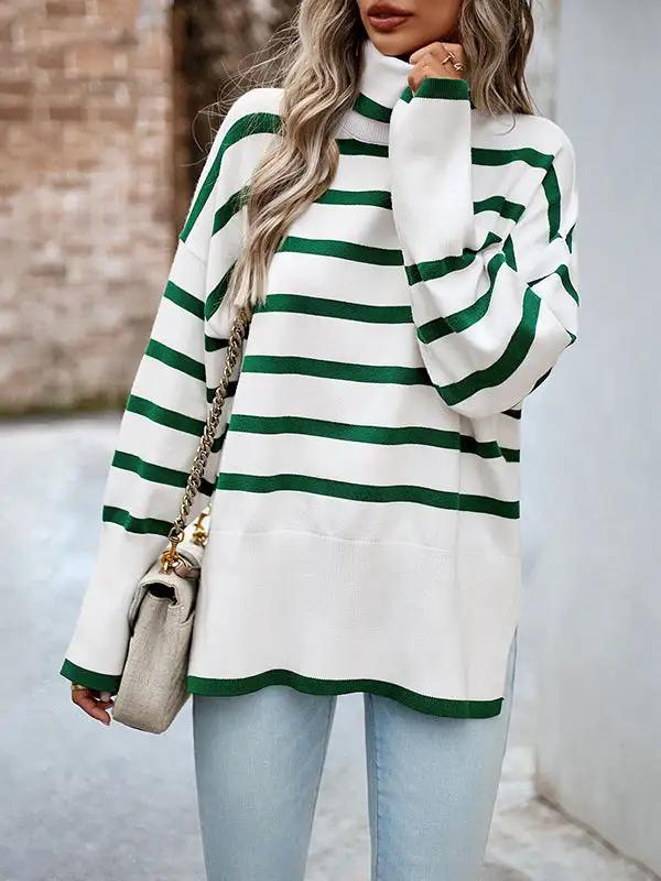 Striped Split Hem High Neck Long Sleeve Relaxed Fit Pullover Sweater