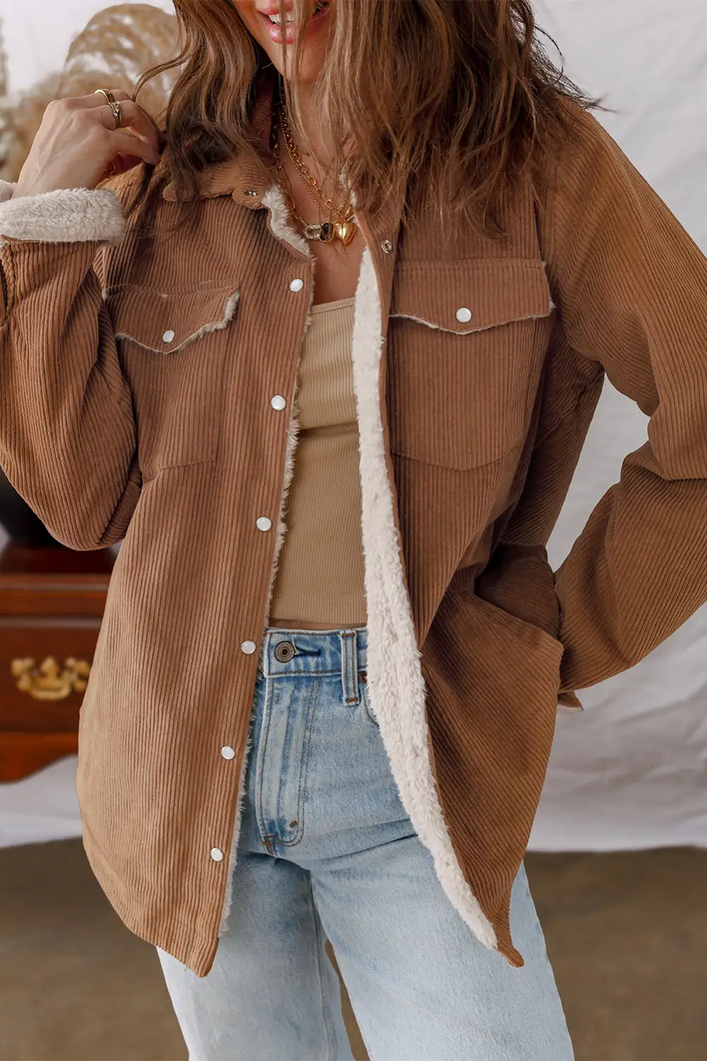 Cinnamon Fleece Lined Button Flap Pockets Corduroy Jacket