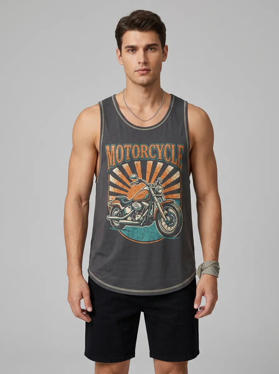 Men's Motorcycle Lover Vintage Sun Printed Tank Top