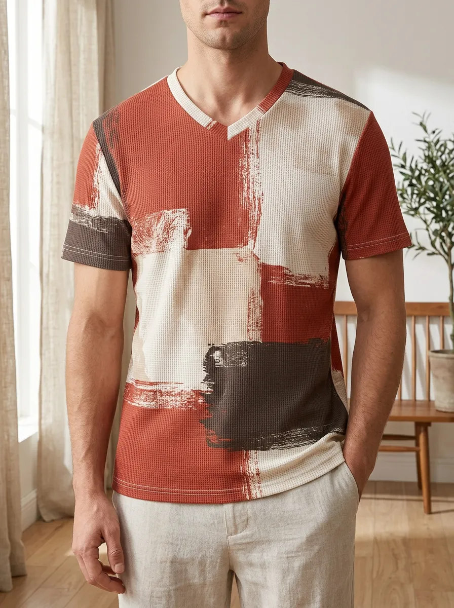 Men's Layered Abstract Colorblock Waffle Knit V-Neck T-Shirt