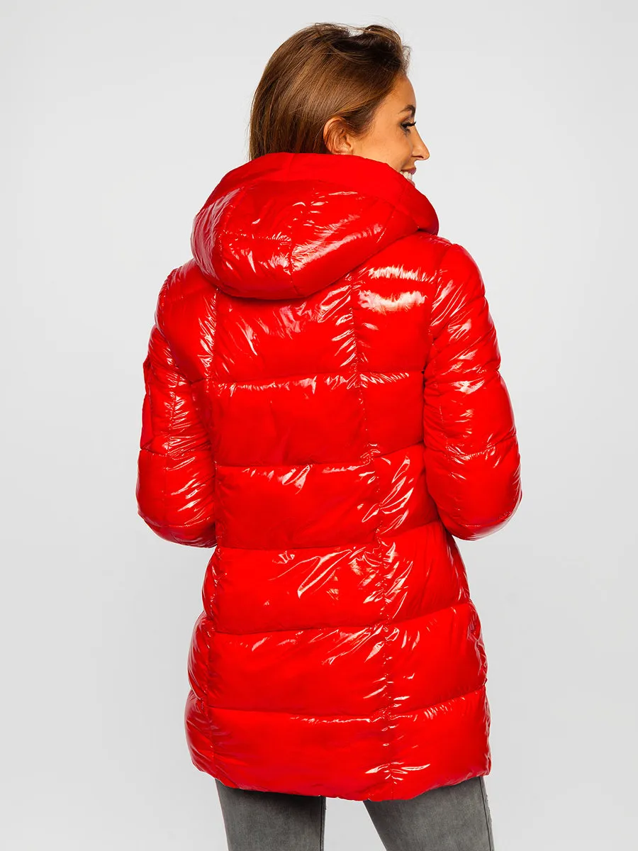women's red quilted winter jacket with hood
