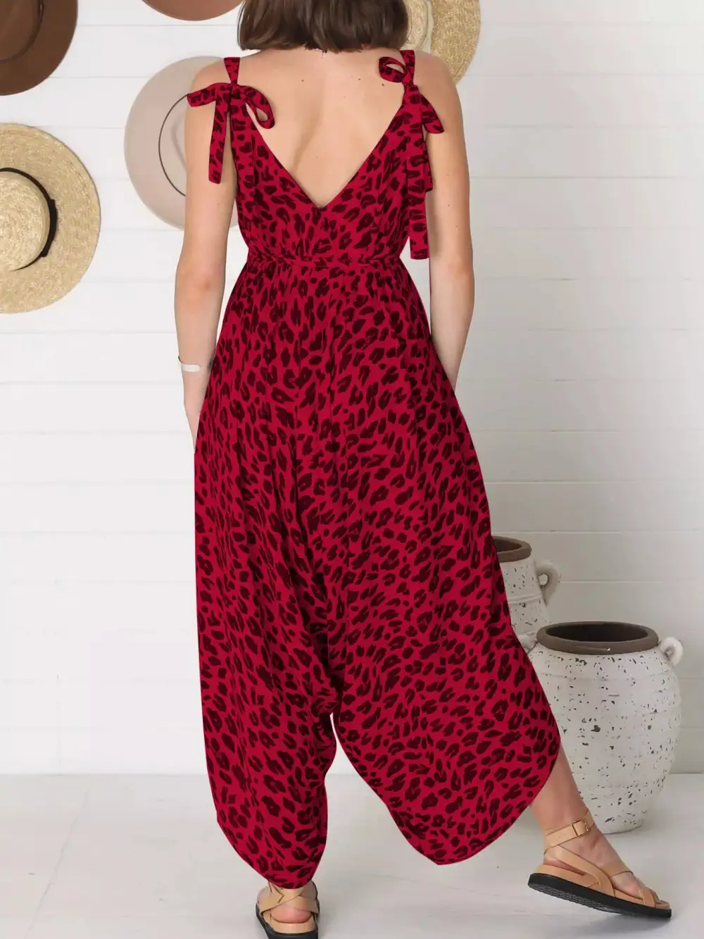 Plus Size Leopard Print V Neck Jumpsuit