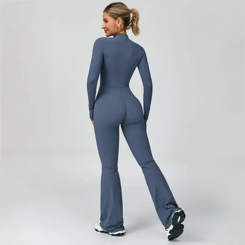 Women's Long Sleeve Flared Sports Jumpsuit - Zipper Jumpsuit, Wide Leg Bodysuit, Sexy One-Piece Yoga Jumpsuit