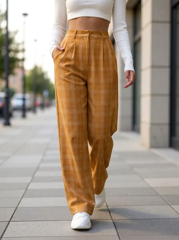 Women's Casual Plaid Pattern High-Waisted Wide-Leg Trousers