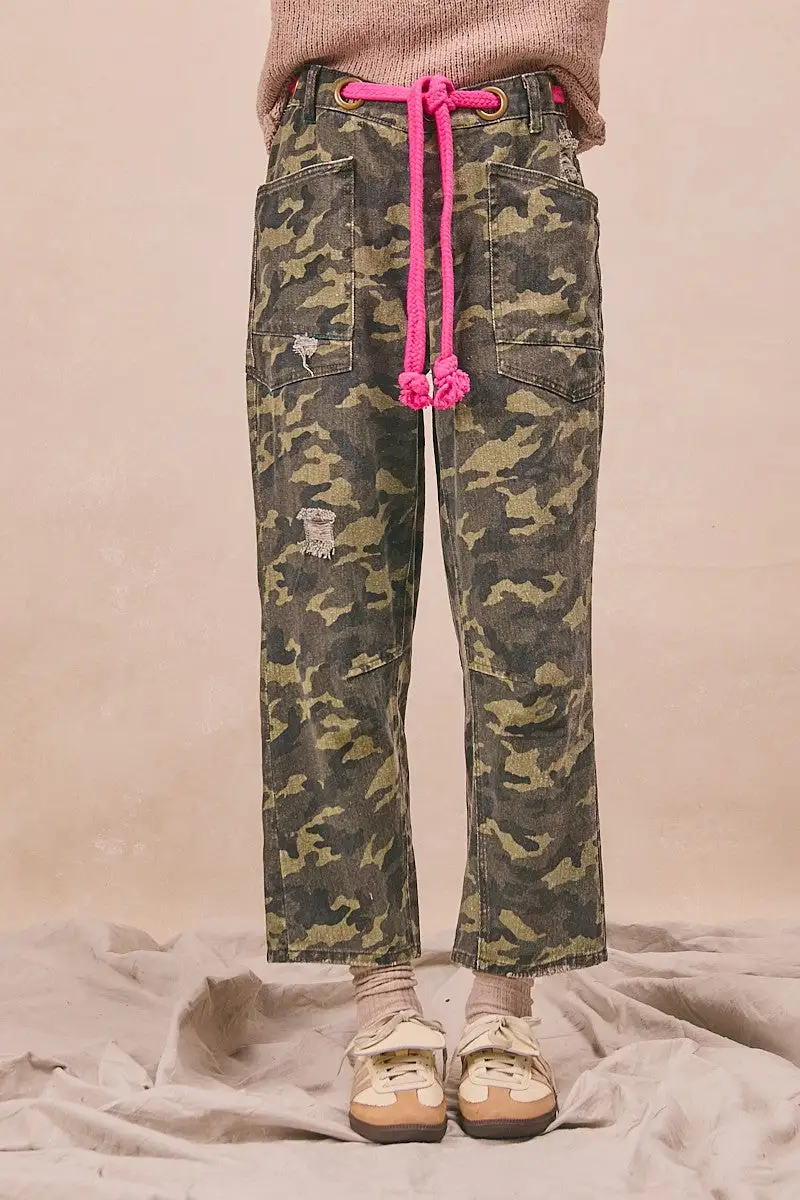 Sequin Camouflage Print High Rise Relaxed Fit Pants