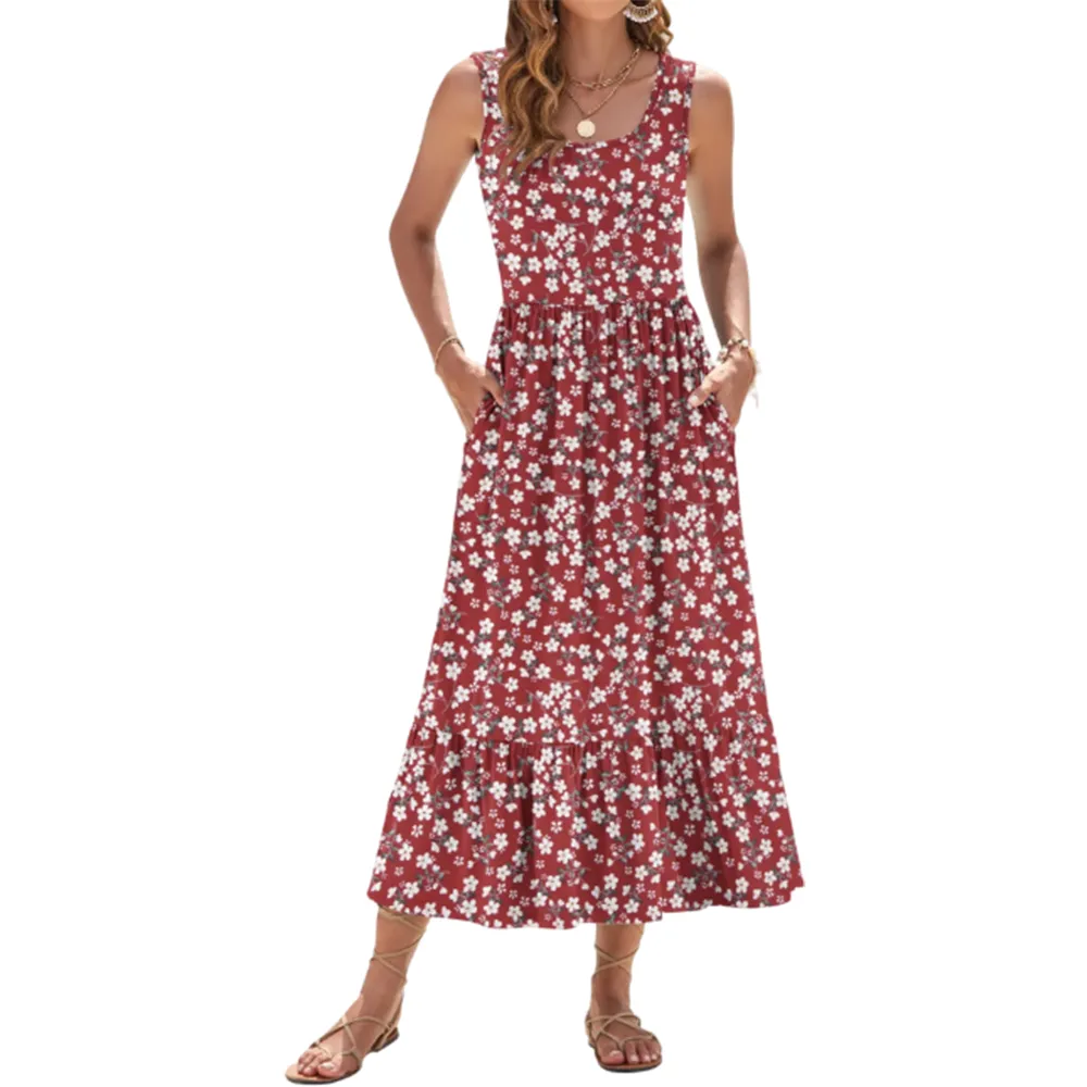 Women's Square Neck Sleeveless Floral Tiered Maxi Dress With Pockets