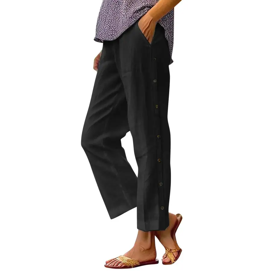 Full Size Side Decor Button Casual Wide Leg Pants Plus Size