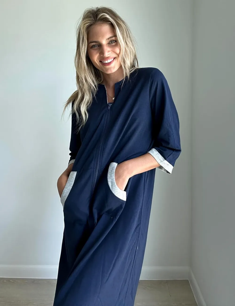 50% OFF Women Zipper Robe 3/4 Sleeves Loungewear Dress Full Length Sleepwear Pockets Housecoat Nightgown Long Bathrobe