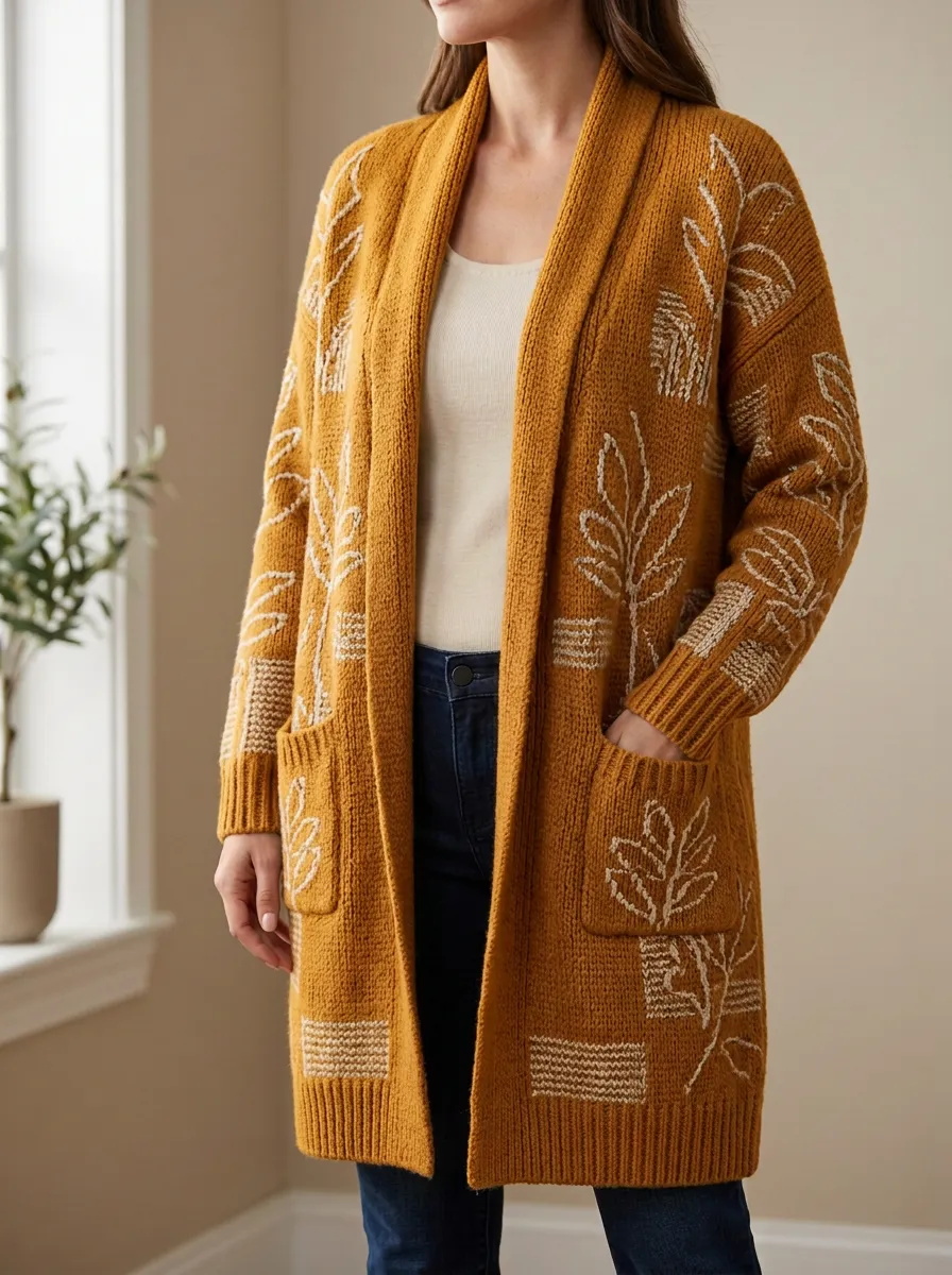 Women's Boho Nature Leaf Pattern Print Knit Long Cardigan