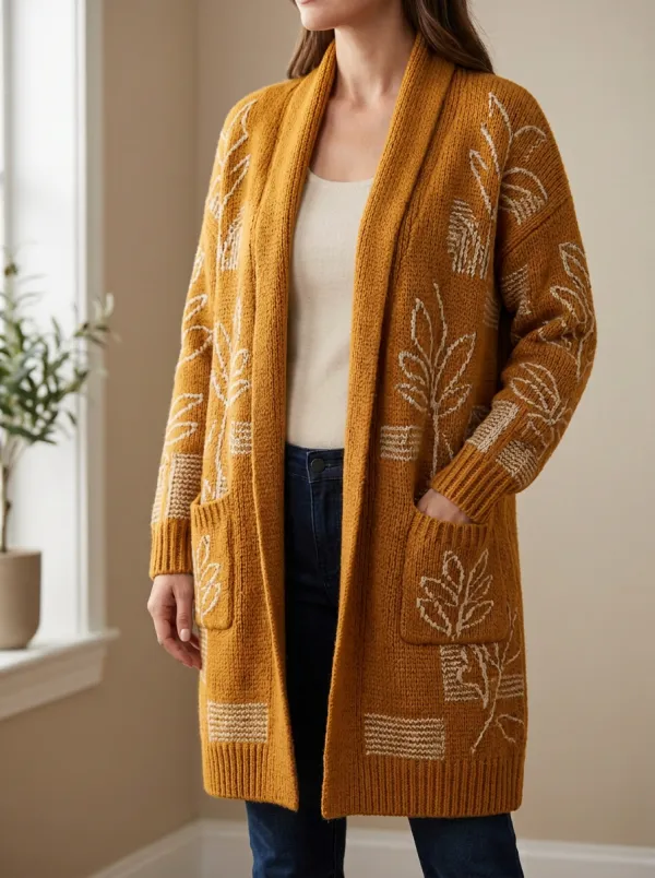 Women's Boho Nature Leaf Pattern Print Knit Long Cardigan