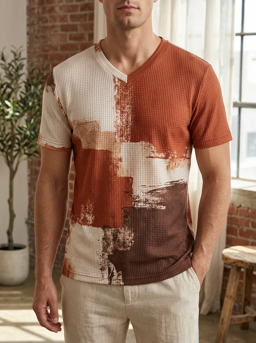 Men's Dynamic Abstract Colorblock Waffle Knit V-Neck T-Shirt