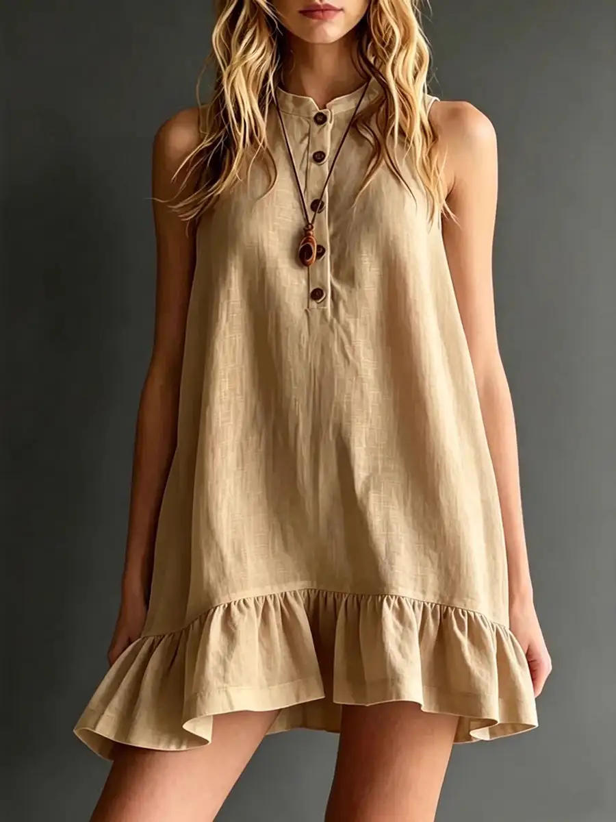 A Line Relaxed Buttoned Pleated Solid Color Round Neck Mini Dress