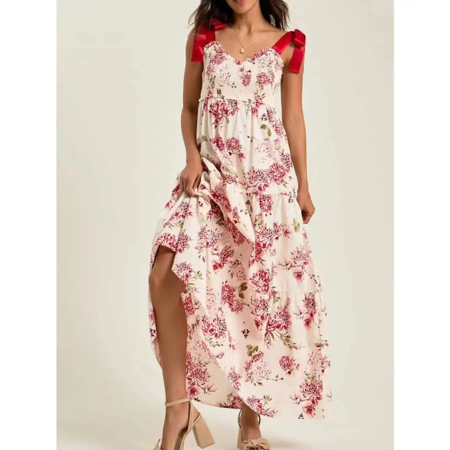 Smocked Tie Shoulder Printed Maxi Dress
