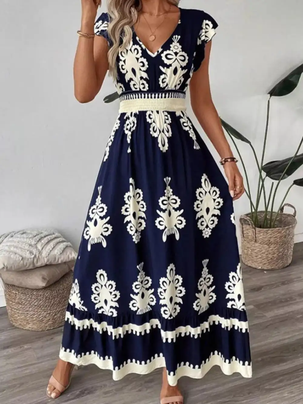 Ruffled Printed V-Neck Maxi Dress