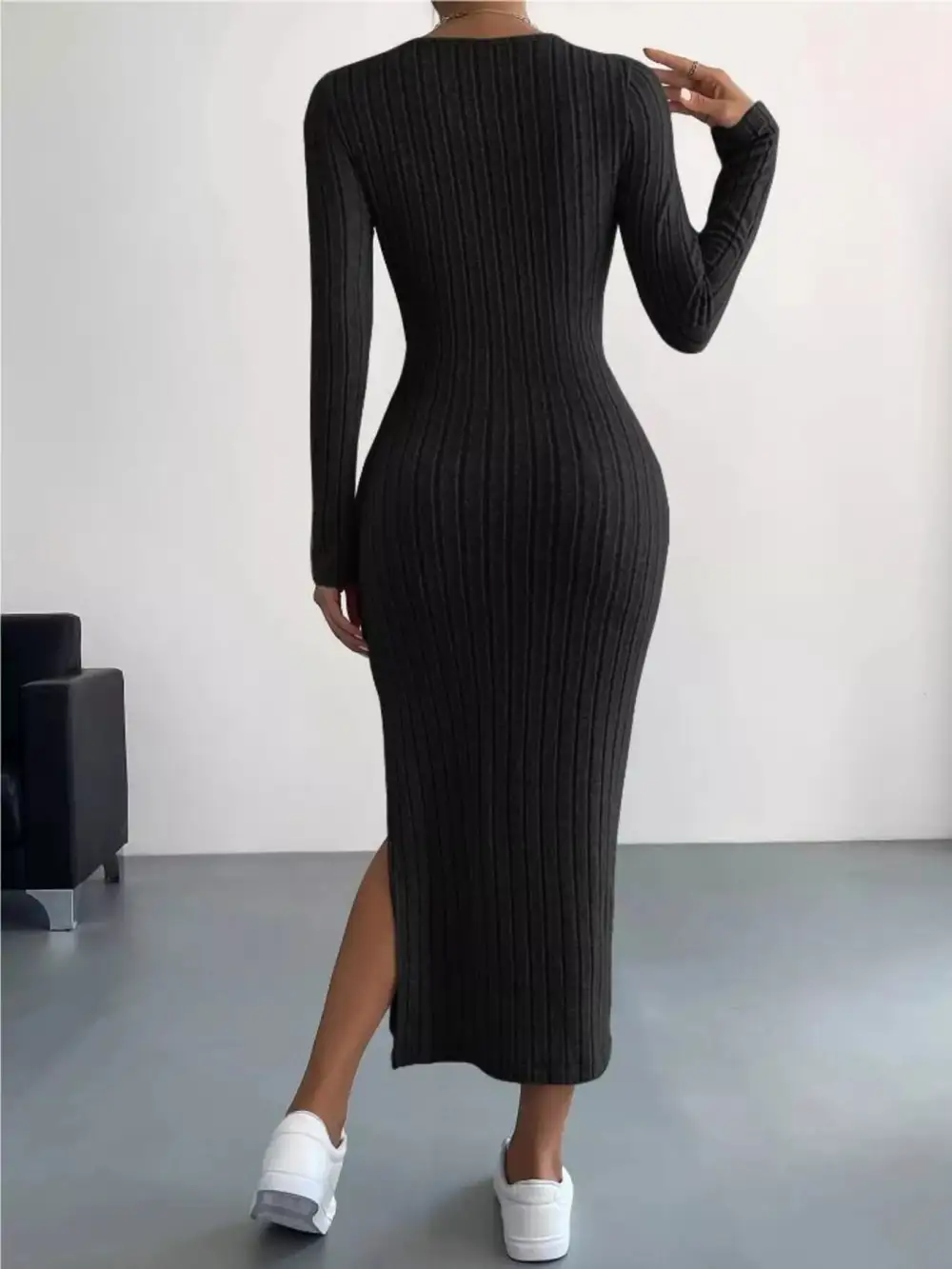 Textured Detail Ribbed Knit Midi Dress