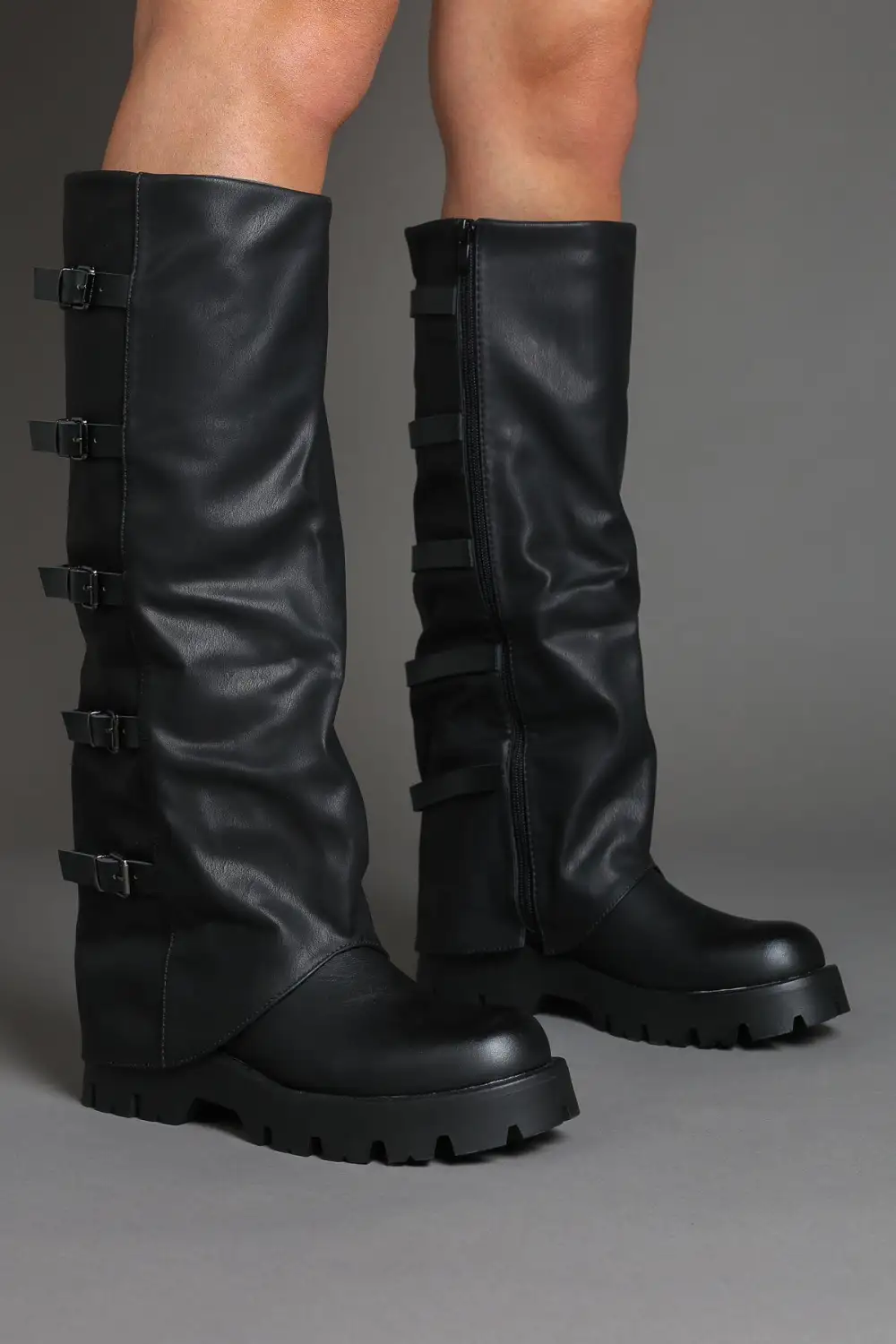 Classic Slouch Fold-Over Chunky Sole Lug Sole Knee High Boots