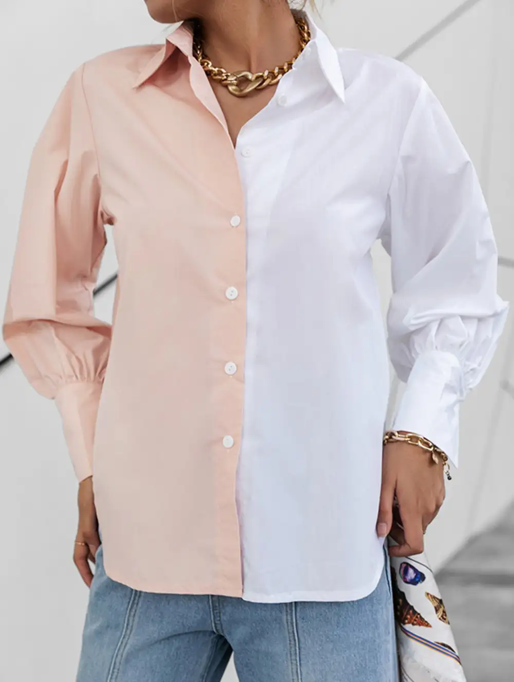 Simple Patchwork Contrast Detail Shirt