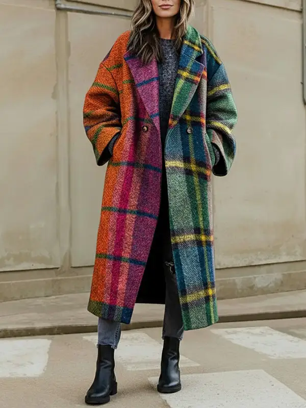 Lapel Plaid Contrast-Panel Wool-Blend Relaxed Outerwear Coat
