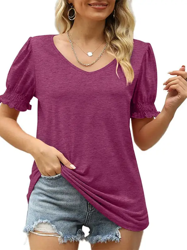 V-Neck Collared Short-Sleeve Puff-Sleeve T-Shirt