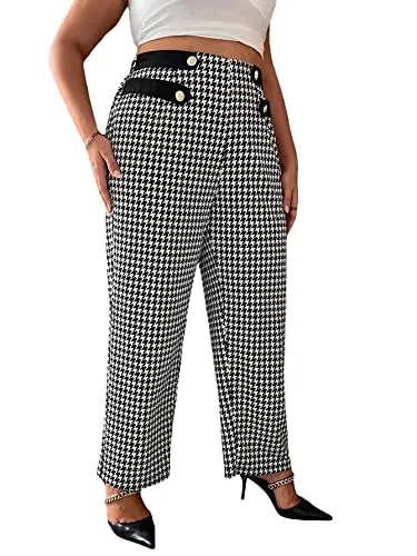 Plus Size Houndstooth Print High Waist Wide Leg Button Front Pants