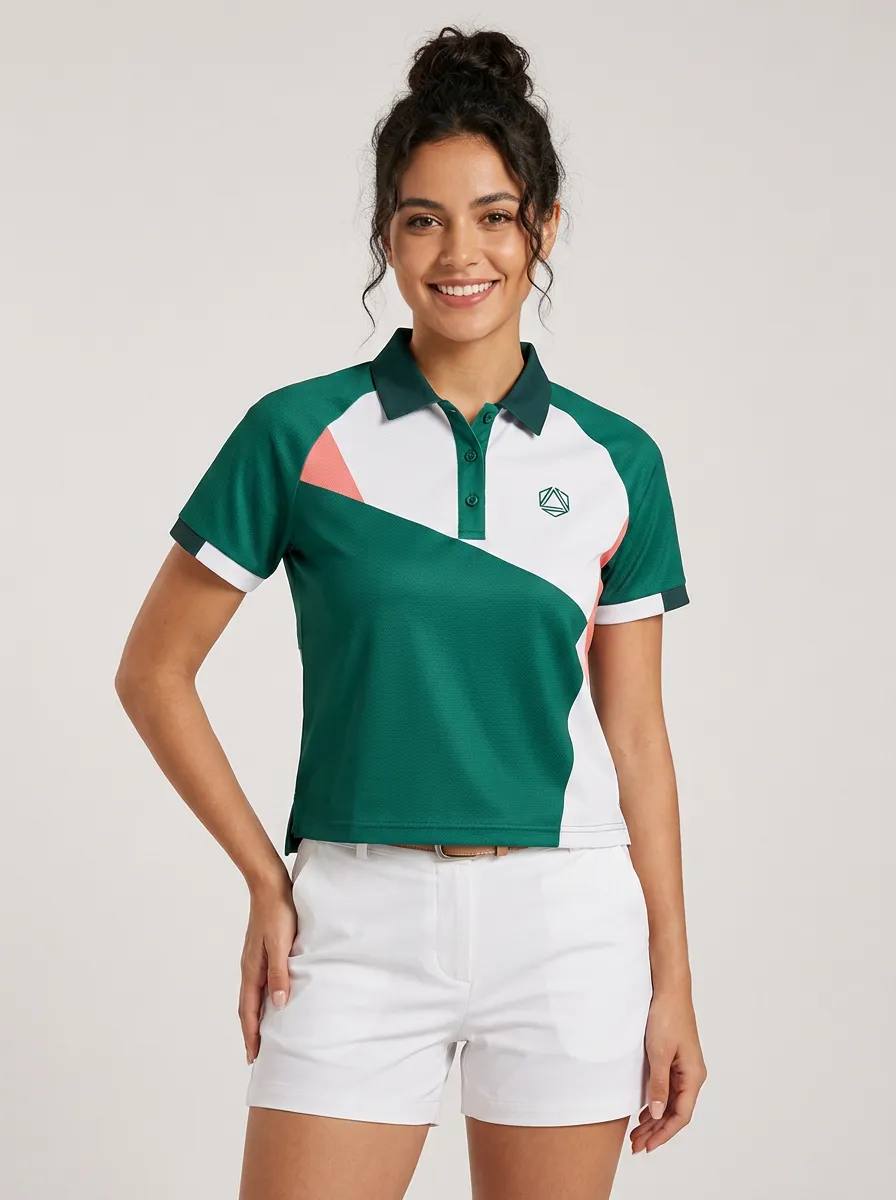 Women's Forest Green Color-Block Short Sleeve Polo Shirt